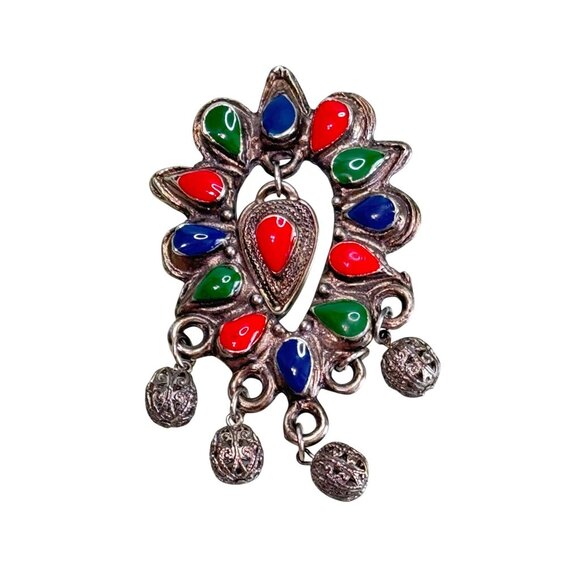 unbranded Jewelry - Unsigned Vintage Multicolor Teardrop Brooch With Dangling Charms 3"